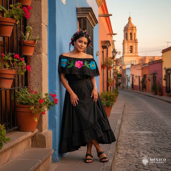 Traditional Mexican Embroidered Floral Dress Set – Handmade Two-Piece - Picture 3 of 5